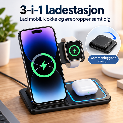 3-i-1 trådløs ladestasjon – mobil, klokke og ørepropper