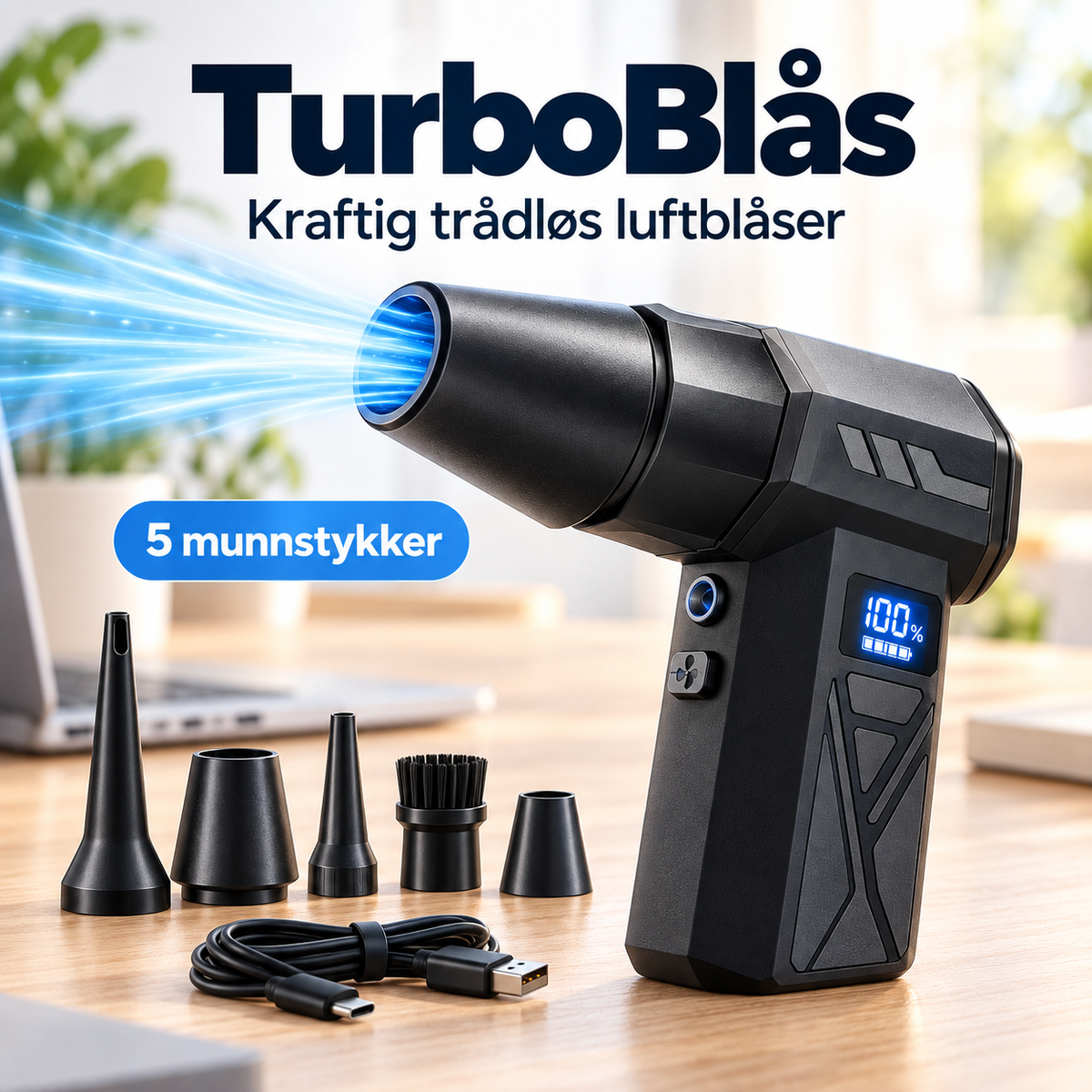 TurboBlås – Kraftig trådløs luftblåser med 4 hastigheter