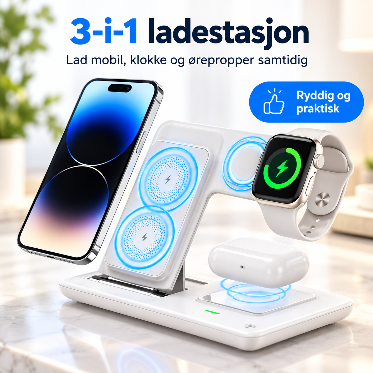 3-i-1 trådløs ladestasjon – mobil, klokke og ørepropper